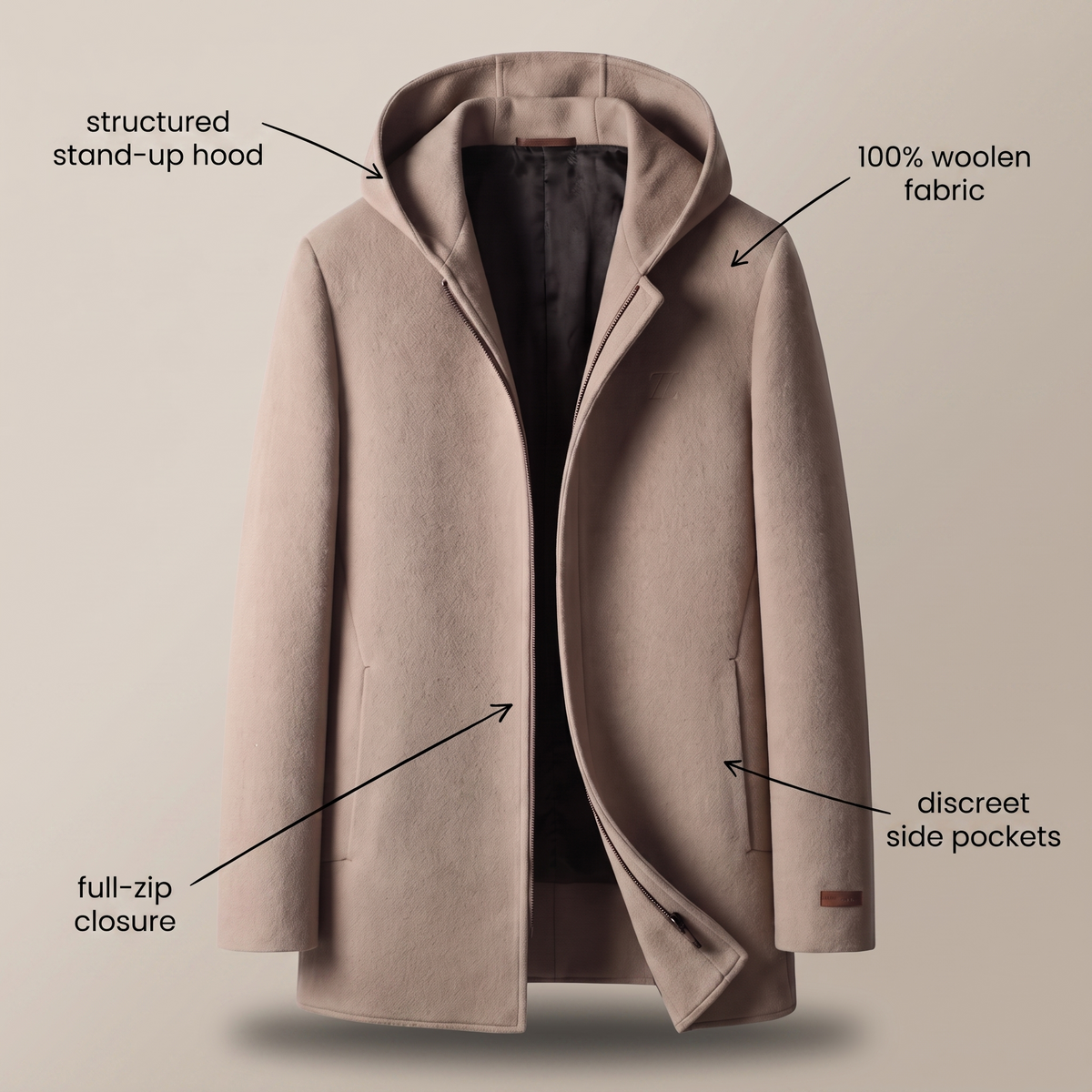 Manteau à capuche 100% laine