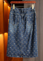 Fashion Blue Print Patchwork High Waist Denim A Line Skirt Summer